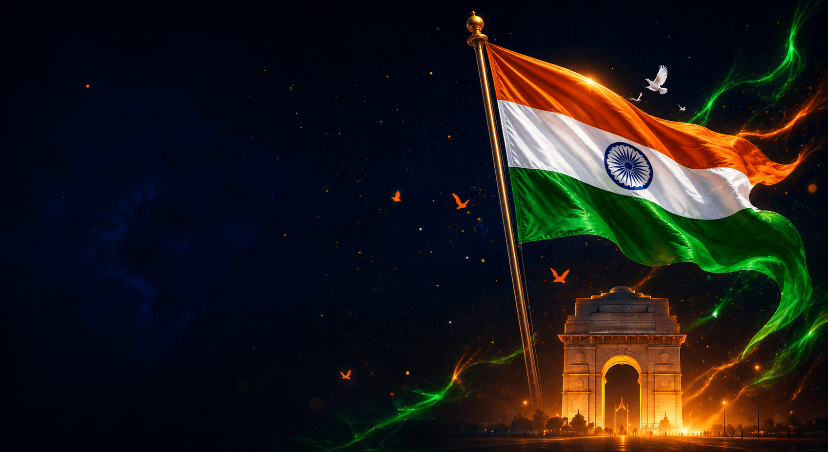 The Indian flag waving beside India Gate at night — TestonGo's Independence Day campaign